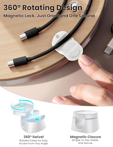 Kanemc 6 Pack Rotatable Cord Organizer,360°Spin Magnetic Cord Holder,White | Magnetic Cable Clips [1s Lock], Adhesive Cord Management, Phone Cord Holder for Home, Nightstand,Car, Office Desk Accessories - color: WHITE