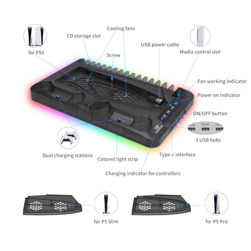Cooling Station for Ps5/Slim/Pro Disc & Digital Playstation 5 Vertical Stand Organizer with Dual Controller Charger,16 Game Slots,7 Rgb,3 Level Cooler Fan,3 Usb Ports,Headset & Remote Holder - color: Transparent Black