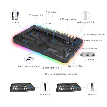 Cooling Station for Ps5/Slim/Pro Disc & Digital Playstation 5 Vertical Stand Organizer with Dual Controller Charger,16 Game Slots,7 Rgb,3 Level Cooler Fan,3 Usb Ports,Headset & Remote Holder - color: Transparent Black
