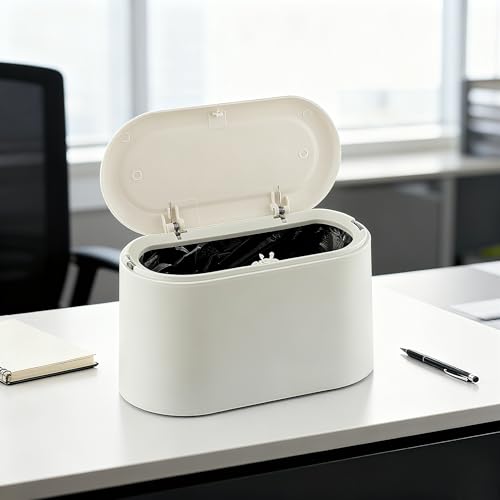 XZZWLL Mini Trash Can for Desk, Tiny Plastic Countertop Garbage Can with Lid, Easy to use and Keep Desktop Clean for Vanity, Bedside, Bathroom and Kitchen with 3 Rolls Trash Bags