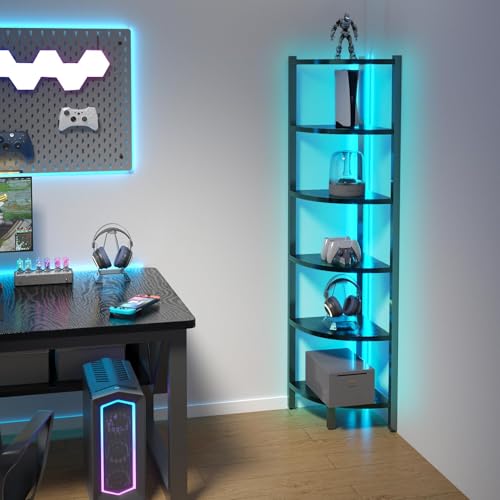 Corner Shelf with LED Lights, 6-Tier Corner Bookshelf, 66'' Organizer Book Shelf Shelves Steel Frame Display Stand with Living Room, Bedroom, Study, Black - color: Black