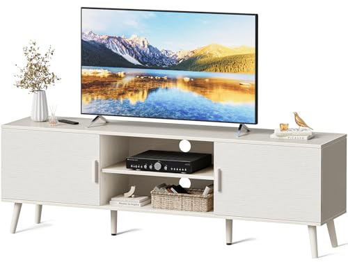 SUPERJARE TV Stand for 55 Inch TV, Entertainment Center with Adjustable Shelf, 2 Cabinets, TV Console Table, Media Console, Solid Wood Feet, Cord Holes, for Living Room, Bedroom, White - color: White, size: 53.9"