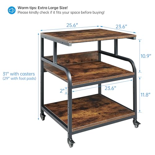 Fannova 23.6" Deep Extra Large Printer Stand, 3 Tier Printer Table with Adjustable Storage Shelf, Rolling Printer Cart with Industrial Wheels for Home Office, Rustic Brown - color: Rustic Brown, size: 25.6"W x 23.6"D x 30.9"H
