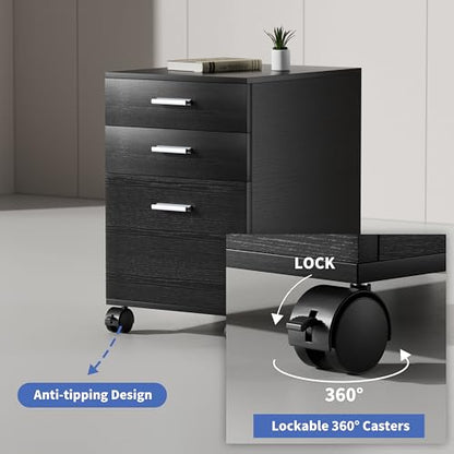 3 Drawer File Cabinet with Wheels,Pre-Assembled Wood Organizer for Home Office,Mobile Printer Stand Storage,19" L x 16" W x 22" H (Black) - color: Black