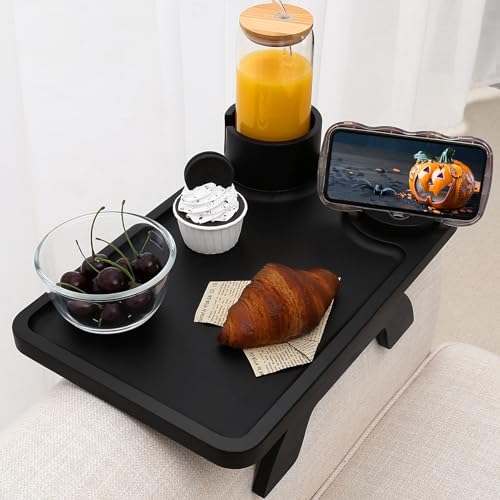 Nnewvante Couch Cup Holder,3 in 1 Large 15.36"x9.85" Bamboo Couch Arm Table Sofa Arm Clip on TV Tray Table with 360°Rotated Phone/Cup Holder, Black - color: Black
