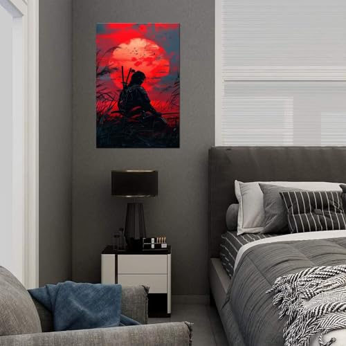 HQLLingArt Japanese Samurai Canvas Wall Art Bushido Picture Wall Decor for Living Room Bedroom Bathroom - Samurai with Sunset Picture Framed Ready to Hang(12''W x 16''H) - color: samurai art-6, size: 12"L x 16"W
