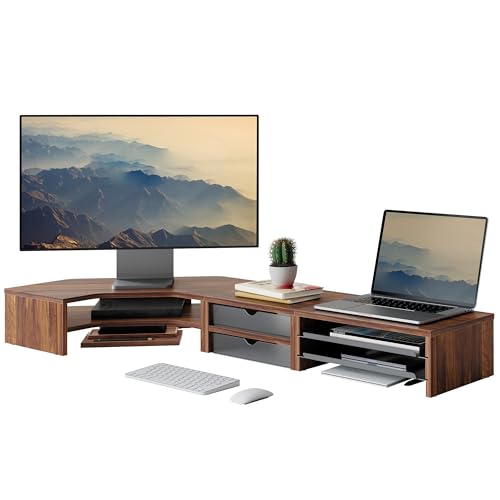 Fenge Dual Monitor Stand, Corner Monitor shelf with Drawer and Slide-Out Tray, 2 Tier Triangle Monitor Riser with Storage, Desk Shelf Organizer for Desk, Home Office, Computer, Laptop, Printer - color: Brown