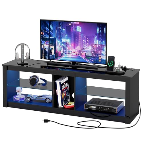 Bestier LED TV Stand for 55/60/65 Inch TV, Black High Gloss Entertainment Center with Power Outlet & Adjustable Shelves, Modern Gaming TV Console with Storage for Living Room Bedroom