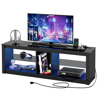 Bestier LED TV Stand for 55/60/65 Inch TV, Black High Gloss Entertainment Center with Power Outlet & Adjustable Shelves, Modern Gaming TV Console with Storage for Living Room Bedroom