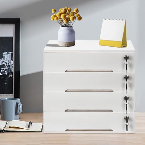 Wooden Desk Organizer with Drawers & Lock, Desktop Countertop Storage Cabinet Lockable Home Office Supplies File Tabletop Organizing Unit (4 Drawer - Modern White) - style: 4 Drawer - Modern White