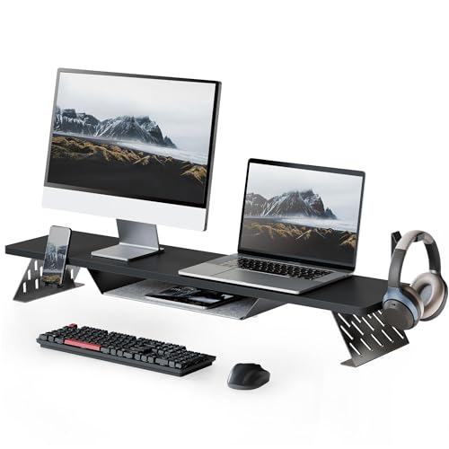 Fenge Dual Monitor Stand, 42.5 Inch Monitor Riser for Desk, Wood Desk Shelf for 2 Monitors, 2 Tier Monitor Shelf with Headphone Stand & Phone Holder - color: Black