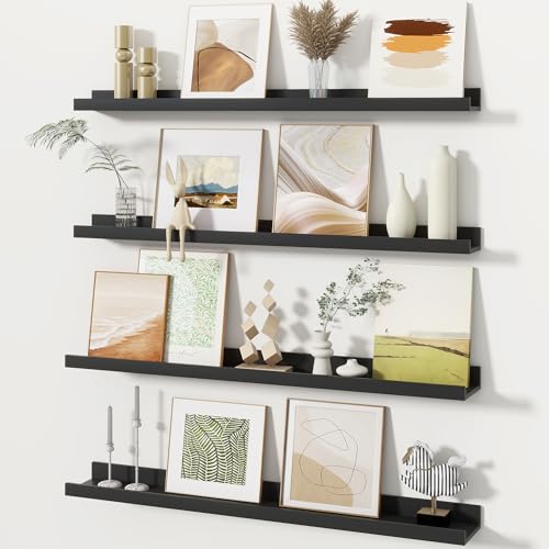 Fun Memories Picture Ledge Shelves Set of 4, 32 Inch Rustic Wall Mounted Floating Shelves with Lip for Home Storage and Décor in Bathroom, Kitchen, Nursery, Bedroom, Living Room, Black - color: Black, size: 32 inch, Set of 4