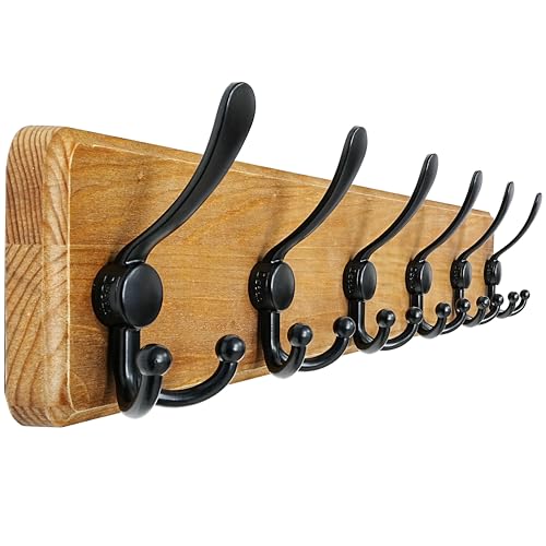 Dseap Coat Rack Wall Mounted - 24" Long 6 Tri Hooks, Heavy Duty Wooden Wall Coat Hanger Coat Hook for Clothes Hat Jacket Clothing, Weathered Yellow and Black - color: Weathered Brown & Black, size: L=24"