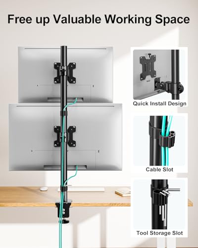 MOUNT PRO Vertical Dual Monitor Stand, Stacked Monitor Mount for 2 Monitors Up to 32 inches, Computer Monitor Arm with Swivel, Tilt, Height Adjustable, Each Monitor Desk Mount Holds up to 17.6 lbs - size: Max 32“ Basic