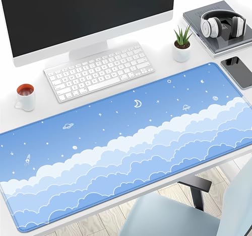 IMAYONDIA Cute Pastel Blue Desk Mat, Aesthetic Stars Moon Desk Pad, Kawaii Anime Deskmat, Gradient White Clouds Computer Pad, Minimalist Large Gaming Mouse Pad Mousepad, 31.5 X 11.8 Inch - color: Blue Gradient Clouds