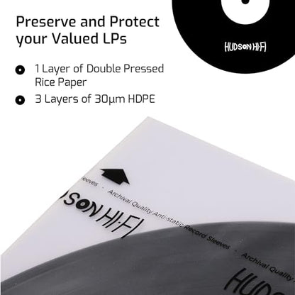 Hudson Hi-Fi Anti-Static Vinyl Record Sleeves - Durable Clear Disc Sleeves- Protect Your LP Albums from Scratches, Dust & Dirt - Acid-Free Rice Paper Disc Covers, 250x Inner Sleeves - size: 250 Inner Sleeves
