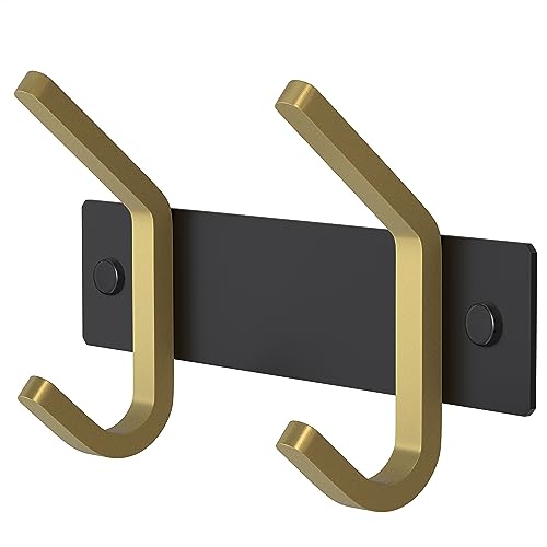 Small Coat Rack Wall Mount – Black and Gold Hook Rail with 2 Double Coat Hooks, 6 Inch Stainless Steel Wall Hooks for Entryway, Bathroom, Bedroom, Closet, Towel, Hat, Bag, Heavy Duty Organizer - color: Black + Gold, size: 2 Hooks - 1 Pack