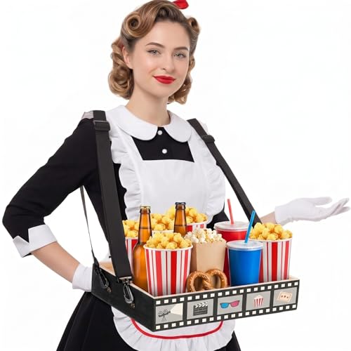 Movie Night Trays with Strap 15 x 10 x 3 Inch Wooden Snack Tray Party Wearable Serving Trays Usherette Popcorn Drink Beverage Carrier for Theater Family Room Film Carnival Prop Supplies(Vintage) - style: Vintage