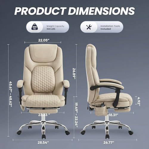MALOL Massage Office Chair with 3-Level Heat and Footrest – 20-Min Easy Assembly, 300 lbs Big and Tall Reclining Desk Chair, PU Leather Ergonomic Executive Computer Chair with Side Pocket, Beige - color: Beige, size: Set of 1, style: Modern
