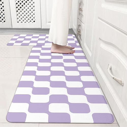 Modern Purple Retro Curvy Checkered Grid Checkerboard Kitchen Rug Sets [2 PCs], Anti-Fatigue, Waterproof Non-Slip Kitchen Mats Heavy Duty Comfort Foam Rug for Floor, Home, Laundry,17"x29"+17"x47" - color: Milkgrid-purple, size: 17.3"x29"+17.3"x47"-0.4"H