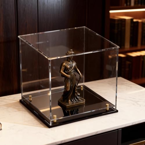 Acrylic Display Case for Collectibles, Dustproof Acrylic Box with Clear Display Elevation & Gold Risers, Large Display Case for Figures Toys Memorabilia, 10" L x 10" W x 10" H - size: 10"L x 10"W x 10"H