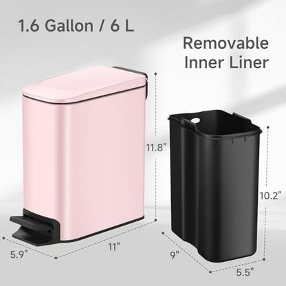 TIPGO Slim Bathroom Trash Can with Lid Soft Close, 6 Liter / 1.6 Gallon Stainless Steel Garbage with Removable Inner Bucket, Small Trash Bins for Bedroom, Office (Pink) - color: Pink