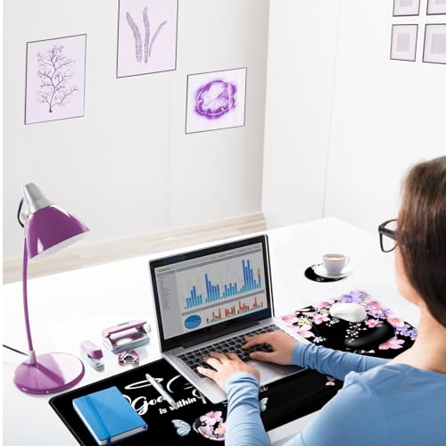 ARTSO Large Mouse Pad Ergonomic Keyboard Wrist Rest Support Combo, Psalm 46:5 God is Within Her, She Will not Fall -Bible Verse Flower Butterfly Extended Desk Mat Blotter - color: Psalm Flower Butterfly