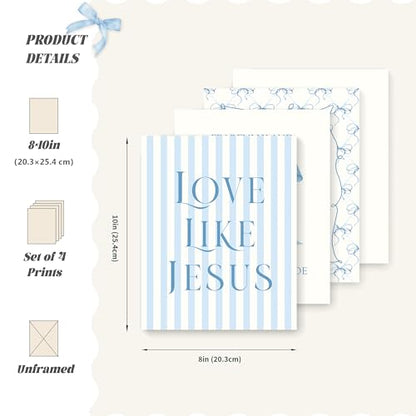 LARTSFRO Coquette Blue Bow Jesus Wall Art Decor Posters, Light Blue Bow Christian Room Bathroom Bedroom Dorm Wall Art Decor Aesthetic for College Teen Girls Gifts, Inspirational Bible Verses Bow Wall Decor, 10x8 Inch Set of 4 Bow Pictures(UNFRAMED) - colo