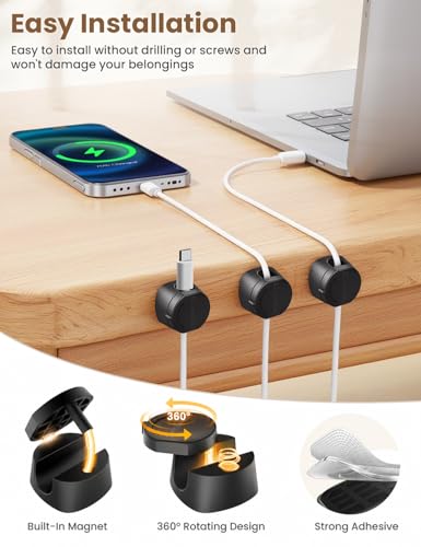 Kanemc 6 PCS Rotatable Cord Organizer,360°Spin Magnetic Cord Holder Black | Magnetic Cable Clips [1s Lock],Adhesive Cord Management, Phone Cord Holder for Home, Nightstand,Car, Office Desk Accessories - color: Classic Black