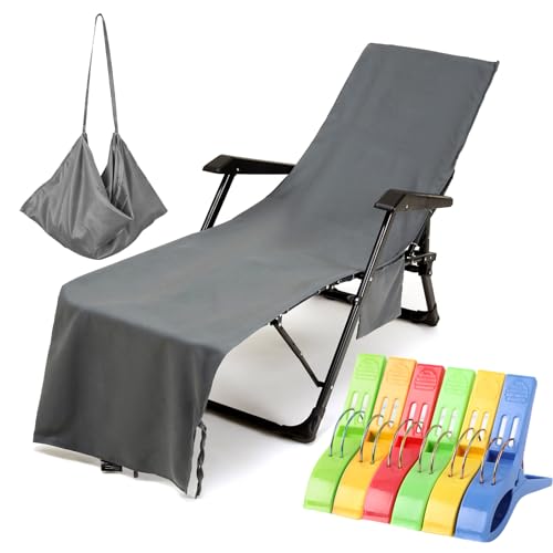 VOCOOL Lounge Chair Towel Cover Beach Chair Cover Grey 85" x 30" | Ultra Plush & Absorbent Micro Chaise Chair Towel for Sun Lounger Patio Hotel Garden, Quick Dry, Non-Slip Design with Pockets - color: Grey