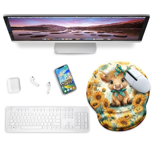 Mouse Pad with Wrist Rest, Highland Cow Sunflower Ergonomic Mousepad Wrist Support for Desk, Cute Bow Animial Gaming Mouse Pads for Wireless Mouse Computer Work Home Desk Accessories Office Supplies - color: Highland Cow