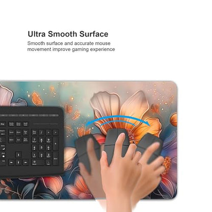 Extended Mouse Pad, Floral Design, Non-Slip Rubber Base, Rectangular Desk Mat for Gaming and Office, 35.4 x 15.7 Inches - color: Floral