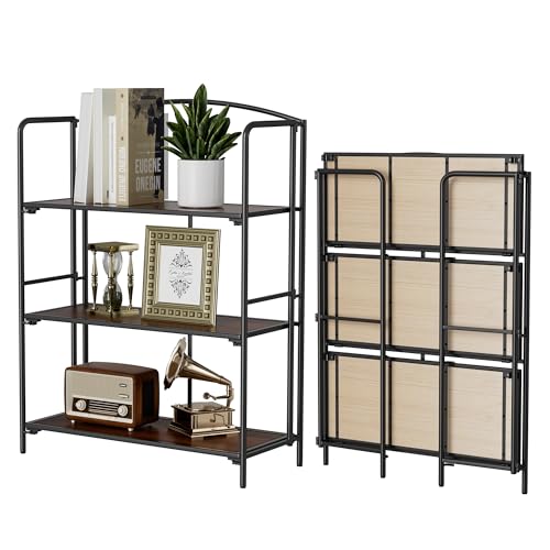 Crofy 3-Tier Wider Foldable Bookshelf, Black Frame & Walnut Shelves | No-Assembly Collapsible Portable Storage Organizer; Sturdy Walnut Finish Shelves; Ideal for Living Room & Home Office - color: Black Frame & Walnut Shelf, size: 3 Tier Wider