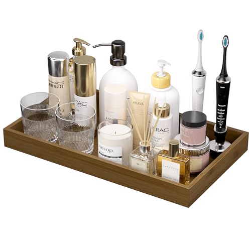 ZHWS Bathroom Vanity Tray for Countertop Perfume Makeup Jewelry Candle Decor, Kitchen Tray for Soap Dispenser Spice Salt, Large Tray for Toilet Tank Paper, Serving Nightstand Brown 13”x6.5” - color: Brown, size: 13" x 6.5" x 1.1"