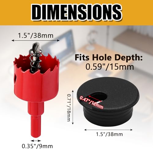 12 Pack 1-1/2 Inch Black Desk Grommet, Plastic Cable Hole Cover Computer Table Cord Wire Organizer, Desktop Cord Management for Home Office/TV Stands Tabletops (with Hole Saw) - color: Black, size: 2 Inch with Hole Saw