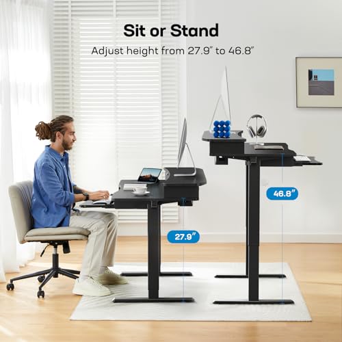 HUANUO 48" x 26" Electric Standing Desk with 2 Drawers & 26.7" Large Keyboard Tray, C-Clamp Mount Compatible, Adjustable Computer Desk for Home Office, Stand Up Desk with 4 Height Presets, Black - color: Black, size: 48" x 26"