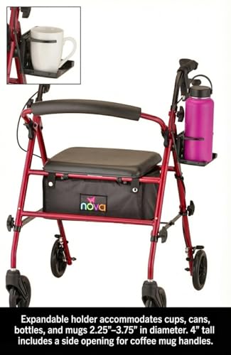 NOVA Adjustable Cup Holder for Walkers, Rollators & Wheelchairs – Folding Drink Holder Fits 3/4”, 7/8” & 1” Tubes, Holds 2.25”–3.75” Cups, Durable, Easy Install - size: 1 Count (Pack of 1)