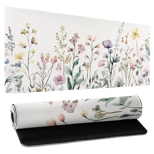 Floral Desk Mat Beige Boho Desk Pad Large Extended Gaming Mouse Pad XL Cute Minimalist Flowers Keyboard Mat 31.5x11.8 Inch Boho Esthetics Mousepad Big Keyboard Mouse Mat for Home Office Work Game - color: Beige Boho Floral, size: 31.5x11.8 Inch