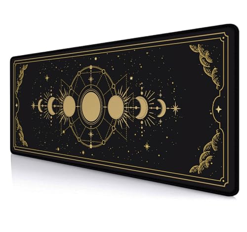 Moon Phases Large Gaming Mouse Pad, Celestial Cycle Lunar Chart Black and Gold Desk Pad, Stars in Space Horoscope Desk Mat, Mystical Astronomy Mousepad for Gamer Home&Office, 31.5x11.8 in - color: Moon Phase on Black