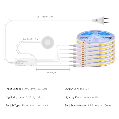 LED Shelf Light 12V,6.56Ft 6-in-1Dimmable Cuttable COB LED Strip Lights,with 60W Adapter Cabinet Light 4000K for Bookshelf, Display Cabinet, Closet, Kitchen and Pantry - color: Neutral White, size: 6.56Ft
