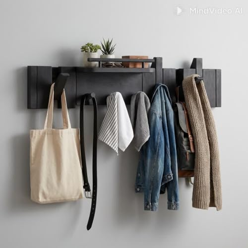 Mid Century Modern Walnut Foldable Entryway Wall Coat Hanger Hook with Shelf,Heavy Duty Wooden Piano Hidden Towel Hooks for Bathroom,Wall Rack for Purse&Key&Mail,Home Decor (Black, 7 Hooks) - color: Black, size: 7 Hooks