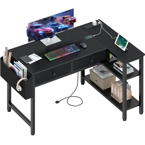 DLisiting Black Corner Desk for Small Space with Drawers, Reversible Gaming L Shaped Computer Desk with Storage Shelves for Boys, Corner Work Study PC Desks for Bedroom - color: Black, size: 39.4''