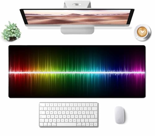 Large Extended Gaming Mouse Pad with Stitched Edges, Non-Slip Rubber Base Mouse Pad for Office, Computer, Keyboard, Laptop and Home Desk Pad 31.5X11.8 Inch Rainbow Audio Wave - color: Rainbow Audio Wave, size: 31.5L x 11.8W inches