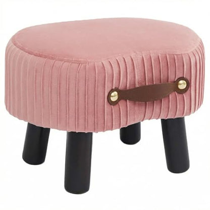 Foot Stools Small, Ottomon with Handle, Velvet Footrest Ottoman | Curved Foot Stool with Padded Seat Wooden Legs, Portable Foot Rest for Living Room, Bedroom, Entryway (Pink) - color: Pink
