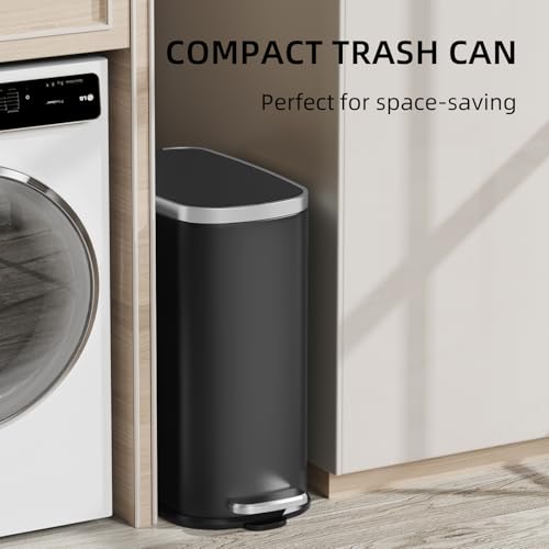 KUK Slim Bathroom Trash Can with Lid Soft Close, Step Pedal, 2.6 Gal/ 10L Stainless Steel Garbage Can with Removable Inner Bucket, Anti-Fingerprint Wastebasket for Office, Bedroom, Toilet (Black) - color: Matt Black-P2