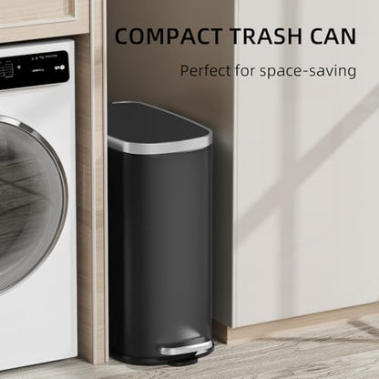 KUK Slim Bathroom Trash Can with Lid Soft Close, Step Pedal, 2.6 Gal/ 10L Stainless Steel Garbage Can with Removable Inner Bucket, Anti-Fingerprint Wastebasket for Office, Bedroom, Toilet (Black) - color: Matt Black-P2