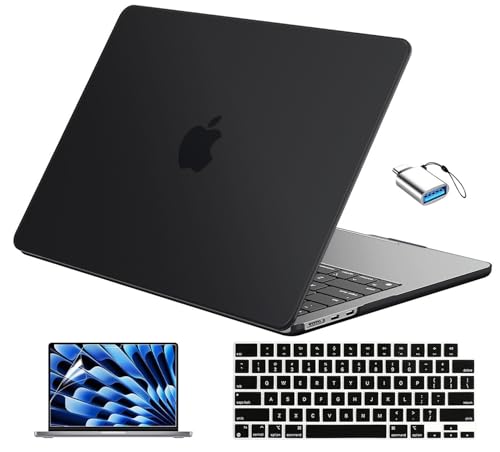 EooCoo Compatible with MacBook Air 13 inch Case M5 2026-2022 M4 M3 M2 Model A3449 A3240 A3113 A2681, Mac Air 13.6 inch Hard Shell & Keyboard Cover & Screen Film & Type-C, Matte Black - color: Matte Black