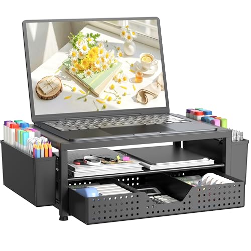 OPNICE Laptop Stand Desk Organizer, 2-Tier Metal Monitor Stand Riser with Drawer & 2 Pen Holders, Ventilated Perforated Steel Top, Office Desk Accessories for Home Office, Black - color: Black – Perforated Steel Top, size: Single