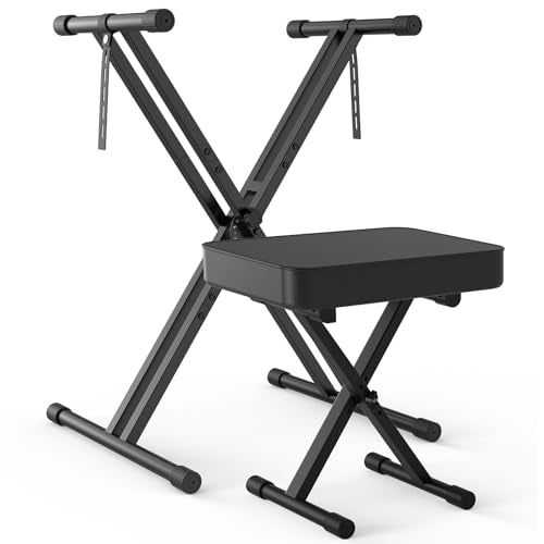 GLEAM Keyboard Stand and Bench Set, Double X Style Digital Piano Stand Height from 19" to 38", Heavy Density Foam Padded Stool from 14" to 18" Black