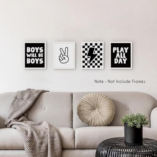 HRQKO Black Boys Room Wall Art Poster Set of 4, Positive Boys Play All Day Posters, Black Checkered Hand Prints for Playroom, 12”x16” Unframed - color: black2, size: 8x10